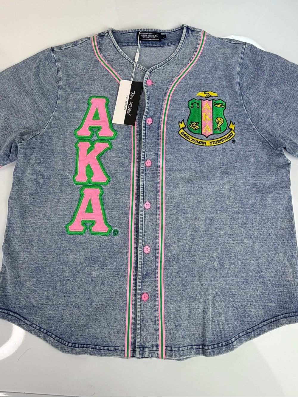 King McNeal AKΑ Sorority Large Embroidered Denim Baseball Jersey- Pink & Green